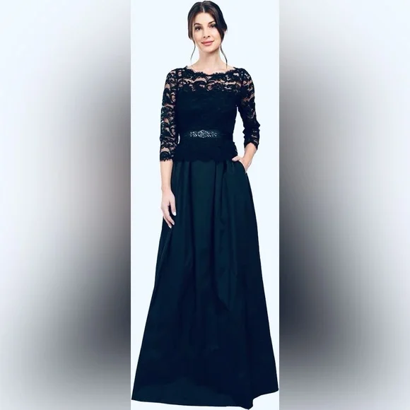 Adrianna Papell Navy Lace Long-Sleeve Gown - Picture 1 of 12
